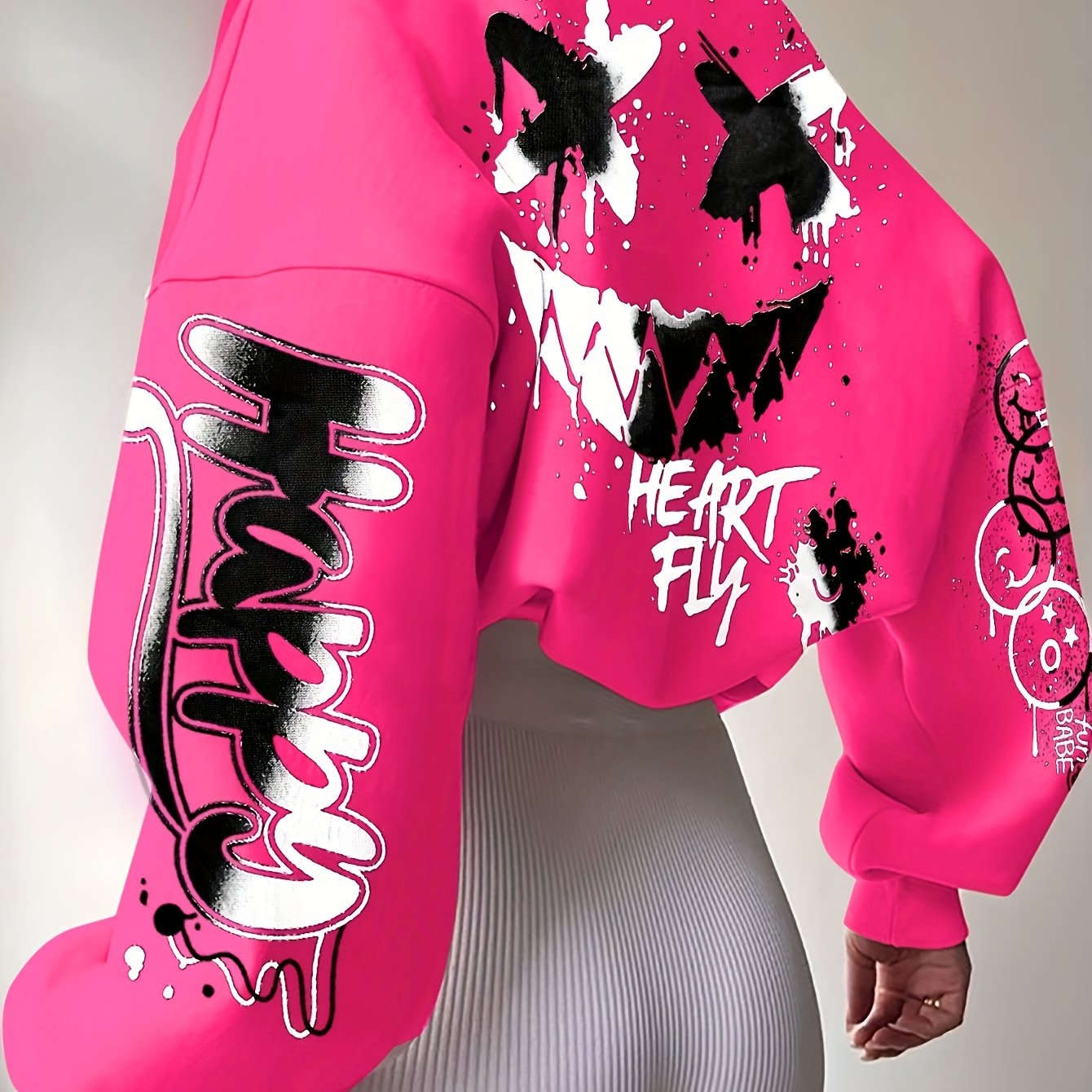 Women's Elegant Graffiti Letter Print Sweatshirt - Black with Pink & Blue Art, Round Neck, Medium Stretch, Machine Washable, Autumn Winter Casual Pullover, Ladies Sweatshirts, Everyday Comfort, Bold Graphic Design, Medium Str